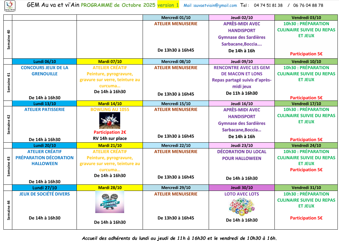 Planning Octobre 2025