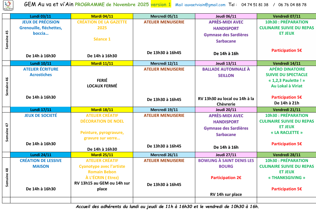 Planning novembre 2025