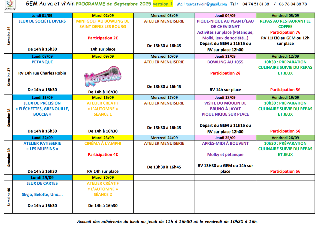Planning septembre 2025