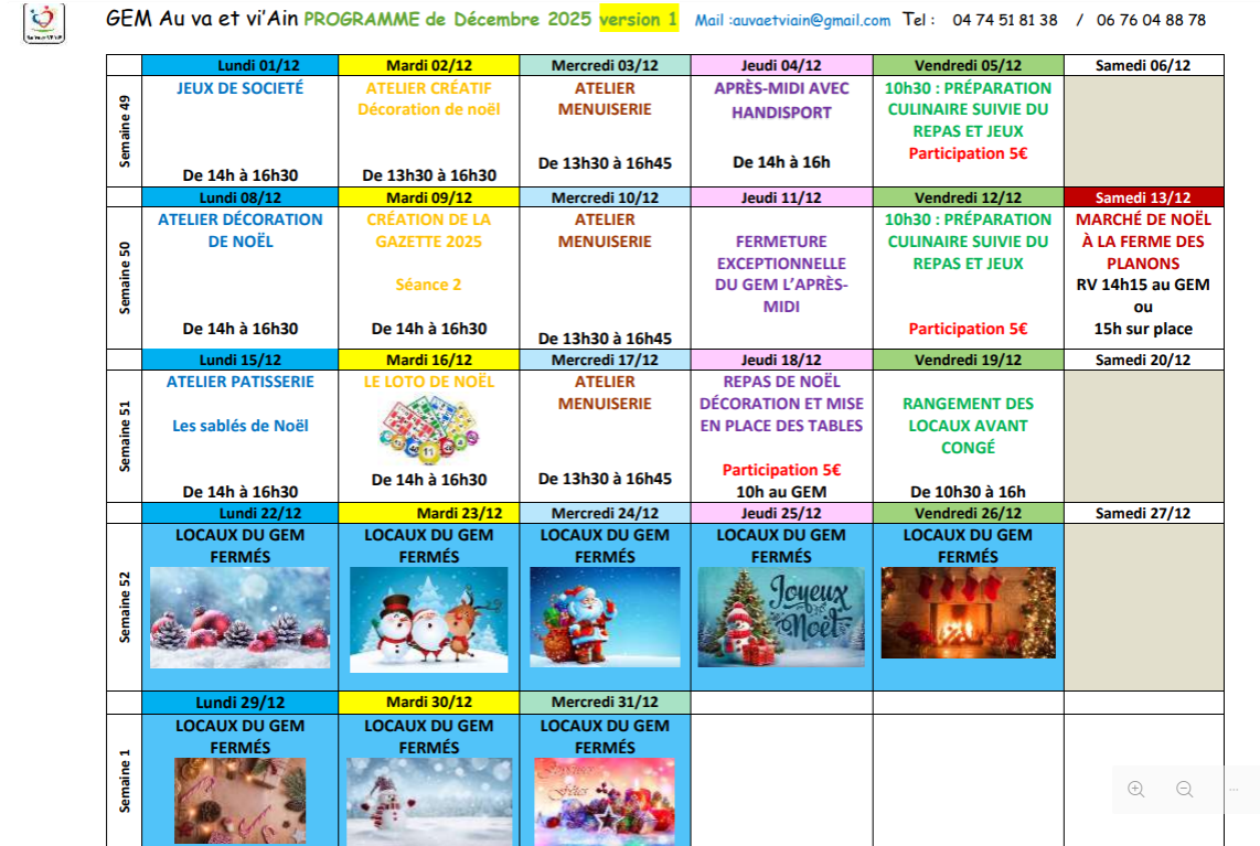 Planning décembre 2025