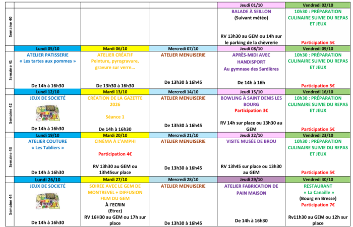 Planning Octobre 2026