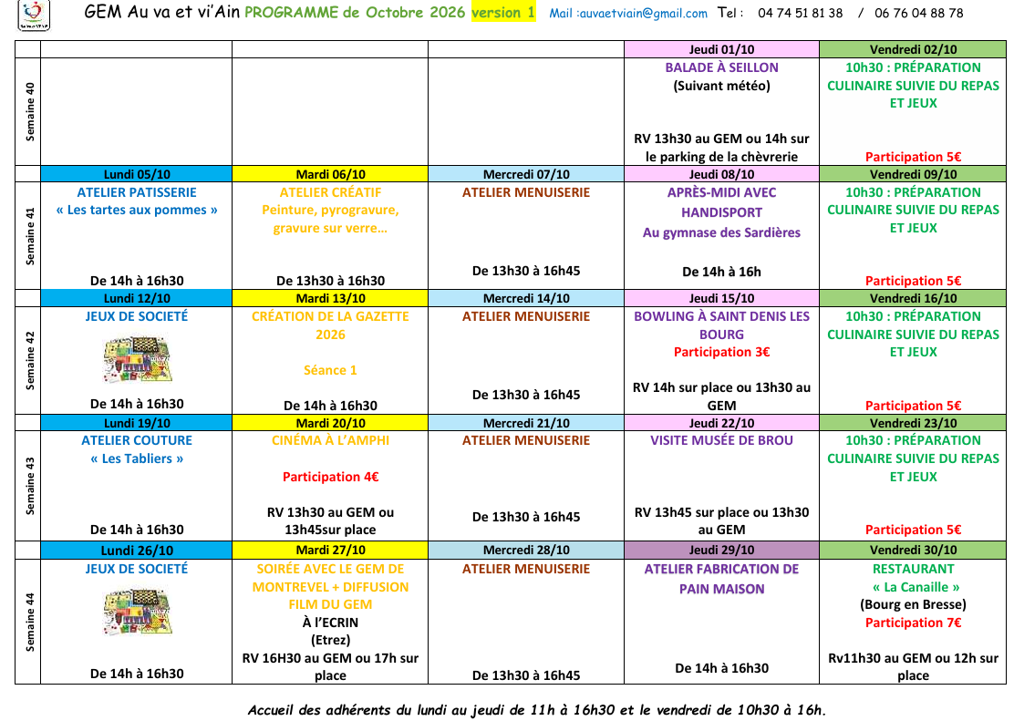 Planning octobre 2026